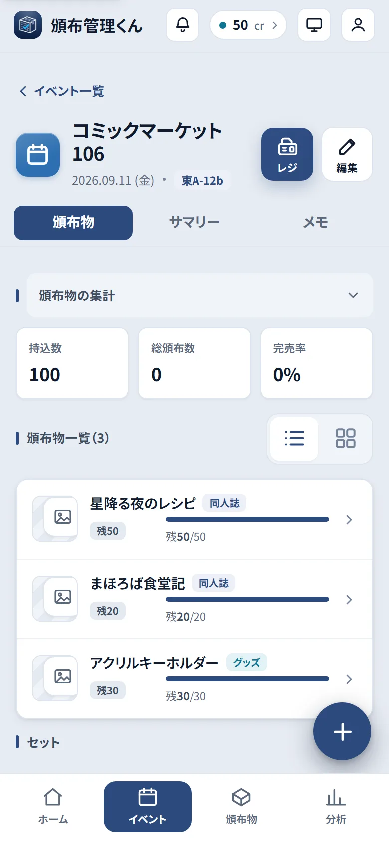 頒布物タブに 3 つの頒布物が登録され、持込数と残数が表示されている