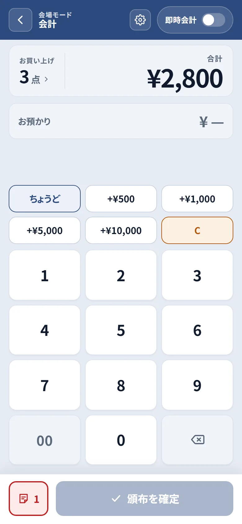 会計画面。合計金額とテンキー、ちょうど・金額のクイックボタン、左下に件数つきの会計メモボタン、頒布を確定ボタン